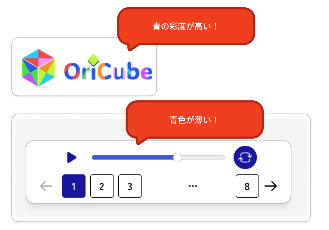 プライマリーカラーがずれていることを示す図。ロゴに使われる青色が他に比べ鮮やかで、レンジバーに使われる青色が薄くなっている。 h:full